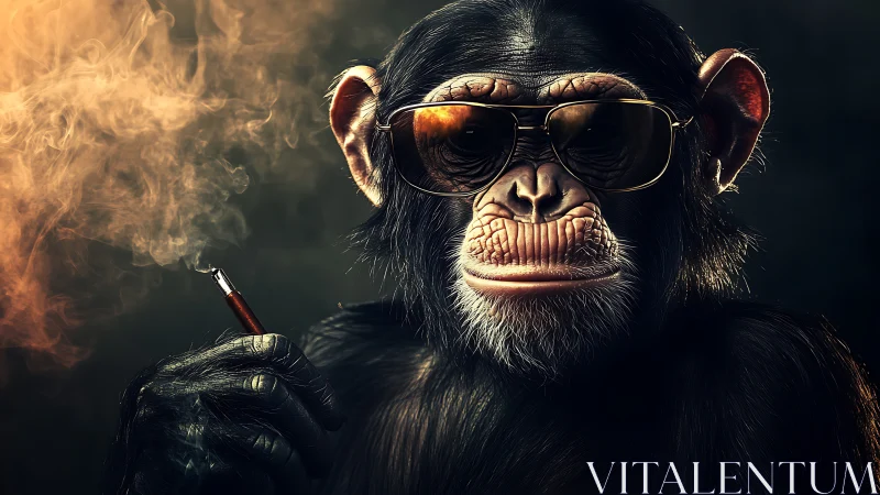Smoke-crowned chimp in shades lounges in cinematic swagger.