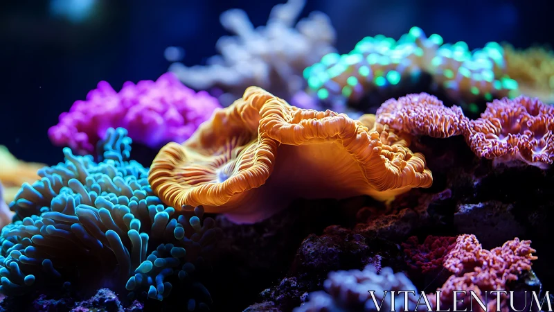 Coral reef close-up shows vivid soft corals under blue light