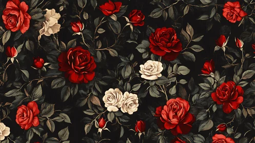 Vintage Floral Pattern with Red and Cream Roses on Black