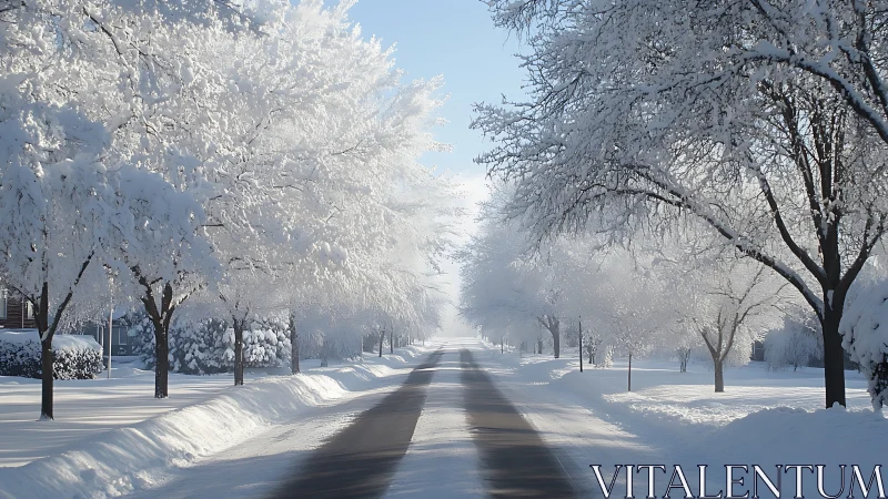 Snow-laden suburban avenue rendered in crisp linear perspective