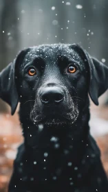 Black Labrador portrait in shallow depth winter snowfall