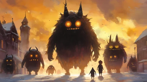 Monstrous figures advance through winter town at sunset