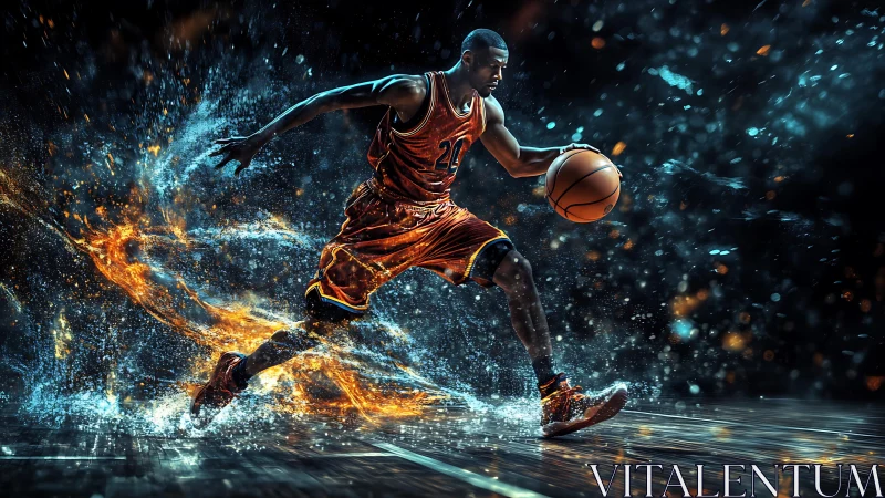 Digital illustration of basketball player in motion on court.