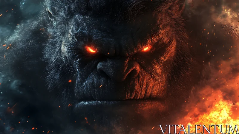 Gigantic simian head amid fire and smoke in close view.