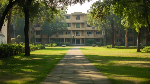 Symmetrical campus courtyard path under soft morning illumination