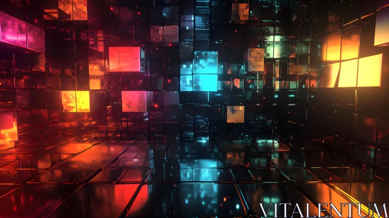 Futuristic Digital Cubes Room with Neon Red, Orange, and Blue Glow.