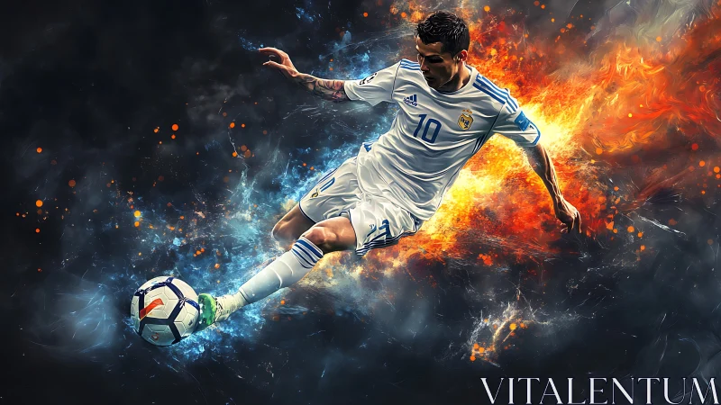Explosive soccer volley framed by fire and ice energy trails.