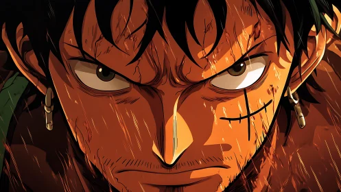 Fierce anime warrior meeting the storm with blazing resolve.