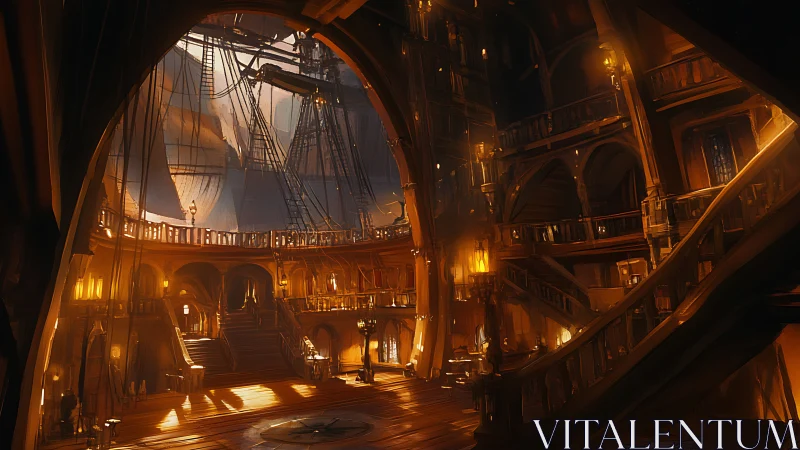 Golden ship hall interior with towering masts and balconies.