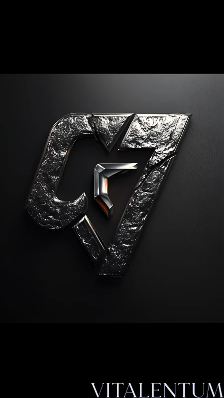 Metallic angular logo emblem with textured chrome surface.