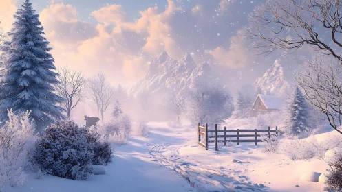 Digital painting of tranquil winter path and distant cabin.