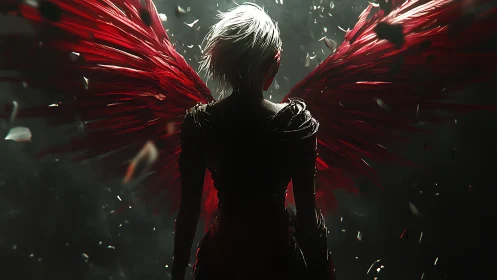 Silhouetted winged figure with red feathers in dark space.