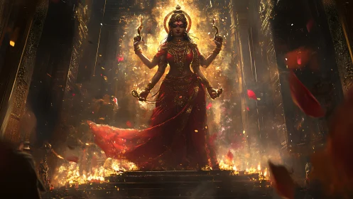 Flame-wreathed goddess ascends in molten temple splendor.