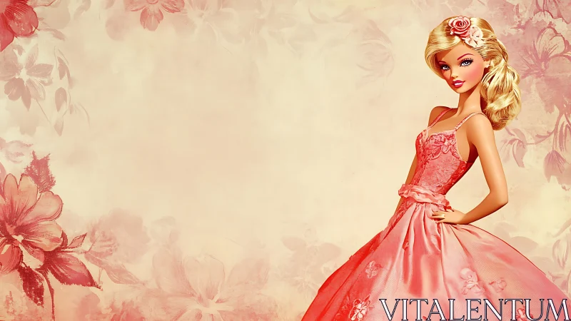 Elegant blonde doll in floral ball gown against pastel backdrop