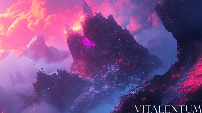 Volumetric neon citadel rising from stratified mist basin.