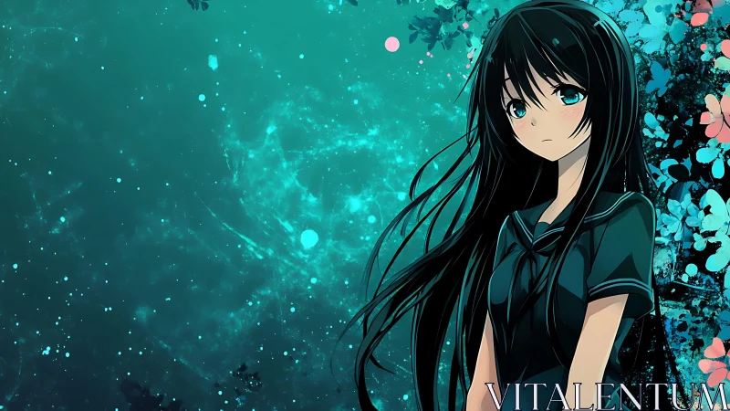 Pensive anime girl against teal abstract floral background.