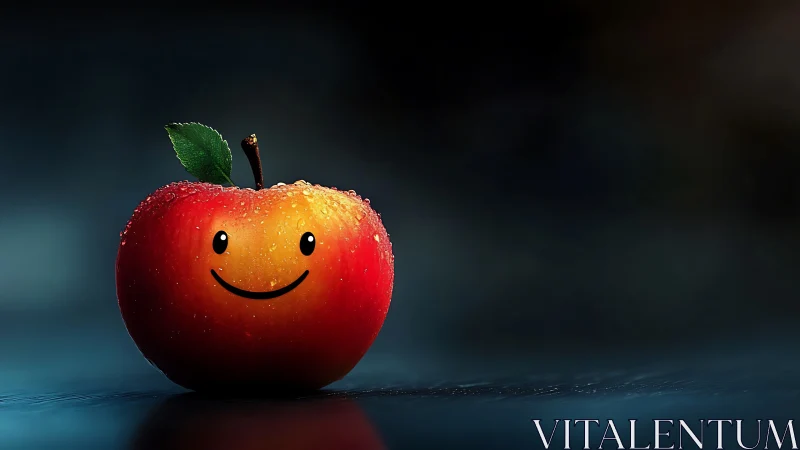 Smiling dewy red apple on moody blue cinematic backdrop.