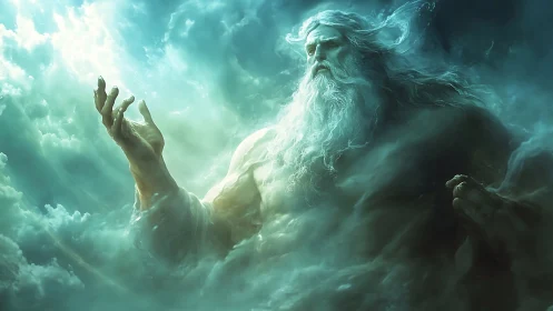 Colossal storm god emerging from luminous teal clouds.
