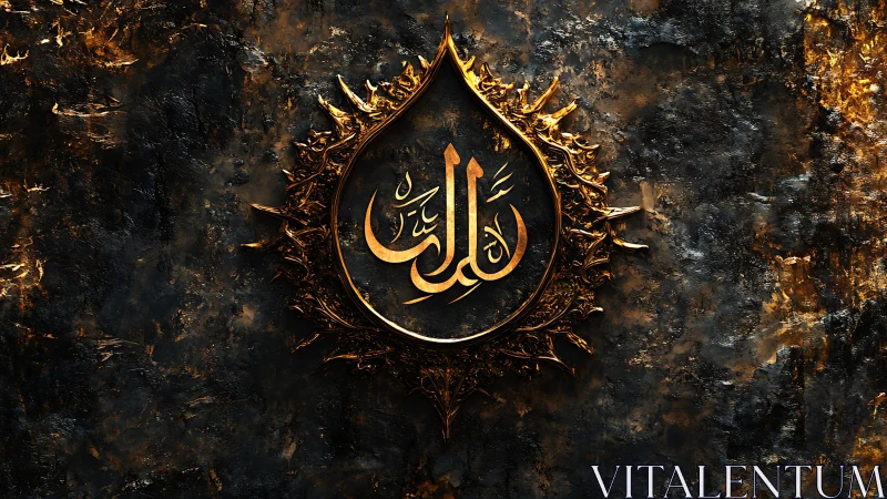 Golden Arabic calligraphy medallion on textured dark wall.