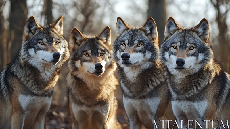 Four alert gray wolves standing in a quiet forest setting.