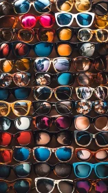 Grid of assorted sunglasses arranged in tightly packed rows
