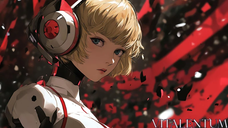 Soft‑eyed android girl in red and white sci fi storm.