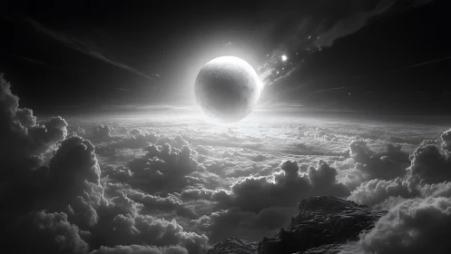 Monochrome lunar horizon above illuminated storm cloud sea.