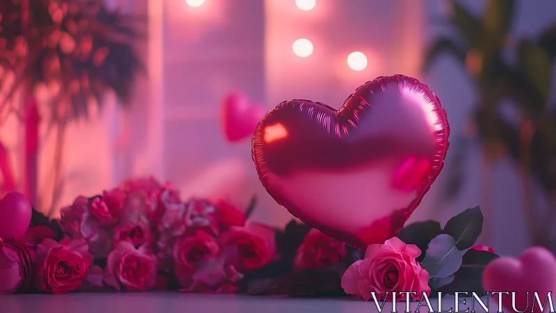 Pink Heart Balloon Surrounded by Romantic Roses