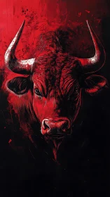 Fierce crimson bull portrait glowing against deep shadowed night.