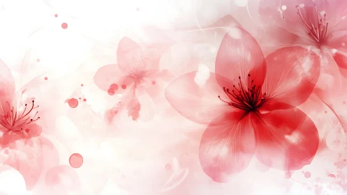 Ethereal Red Flowers Floating in Soft Pink Abstract.