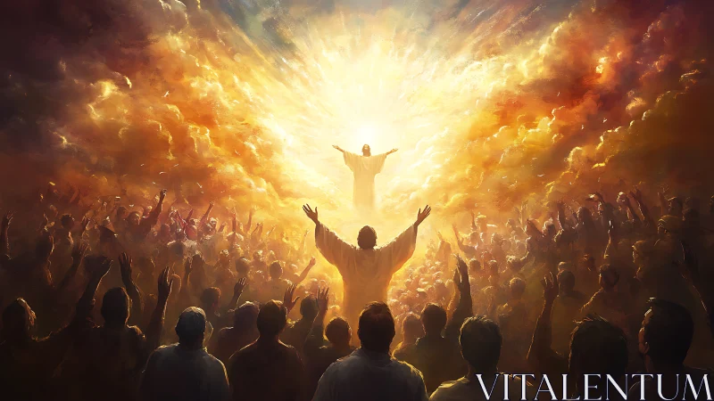 Crowd gathers under radiant heavenly figure in clouds.