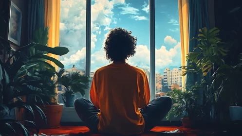 Person sits cross-legged indoors facing large window view