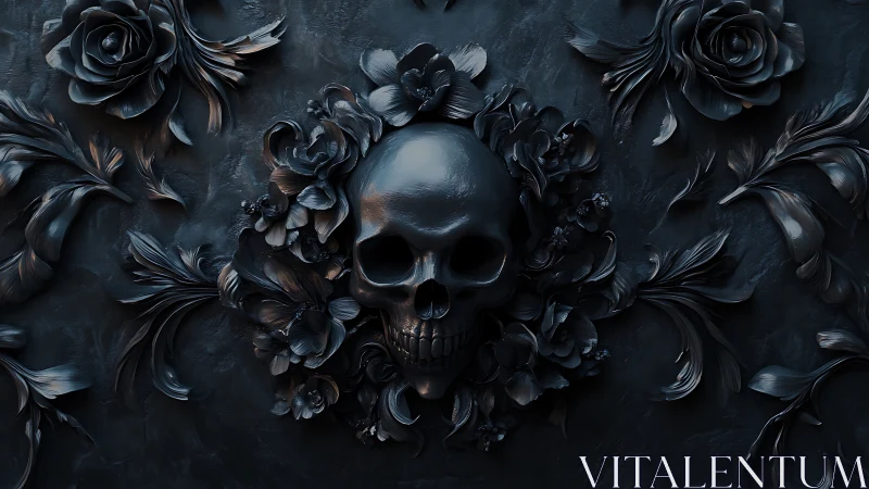 Glossy black skull relief with baroque floral ornament cluster