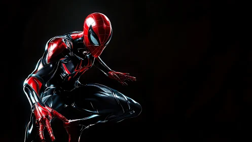 Red and black armored spider-like hero crouches in darkness