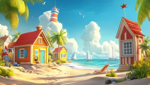 Stylized Coastal Settlement with Architectural Structures.