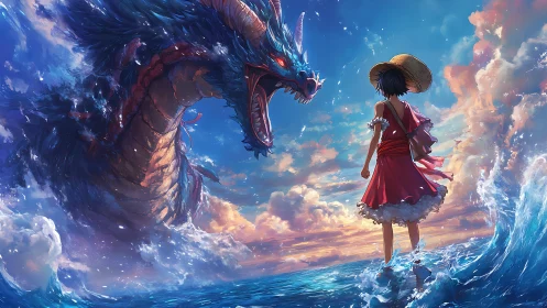 Straw-hatted youth confronting ocean dragon in sunset seascape.