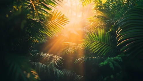 Sunlit jungle fronds catch warm rays through dense canopy