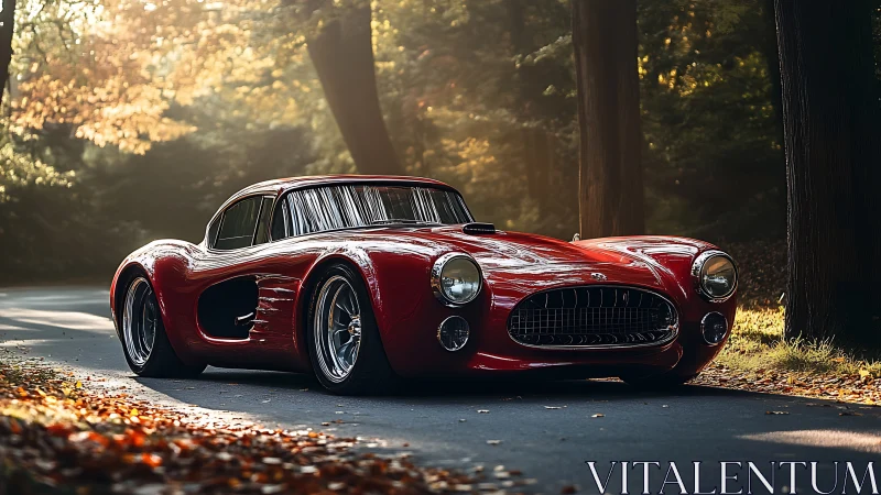 Red vintage-style sports coupe on forest road in sunlight.
