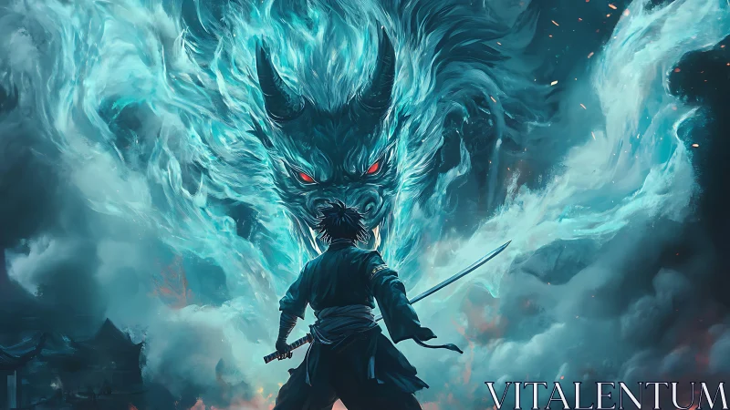 Samurai confronting spectral dragon in teal stormfire.
