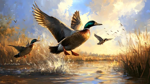 Mallard thunderclap breaks the sunrise hush above reeds