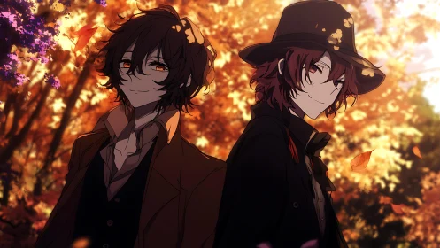 Autumn duo stand amid glowing foliage and drifting leaves.