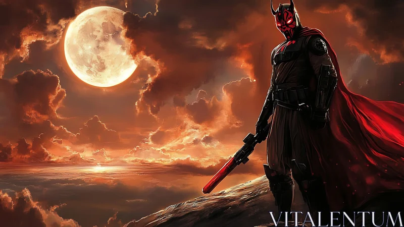 Armored figure with red blade under full moon on ridge.