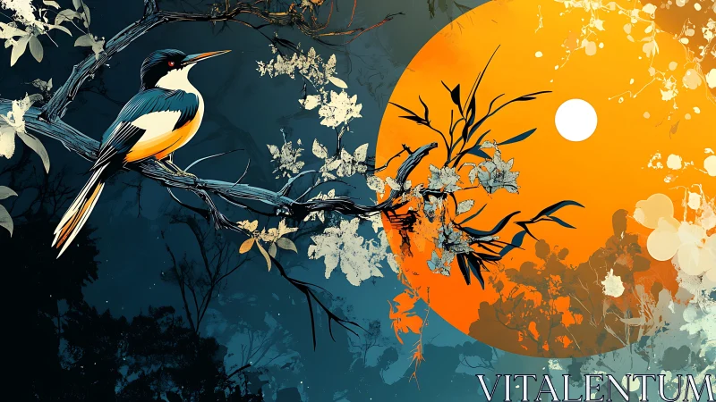 Bird on tree branch against stylized orange sun disc.