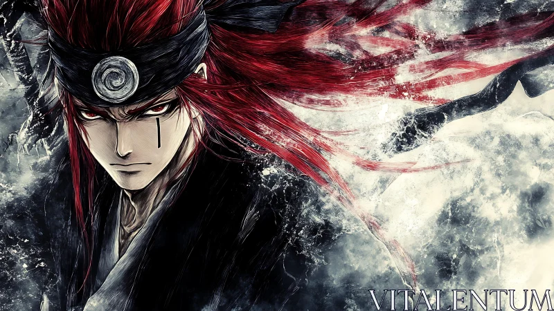 Scarlet‑haired warrior glares through swirling storm energy.