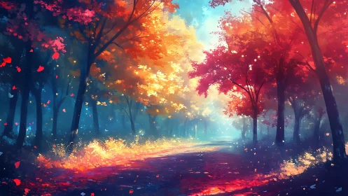 Forest pathway with artificial luminescent foliage and atmospheric lighting effects.