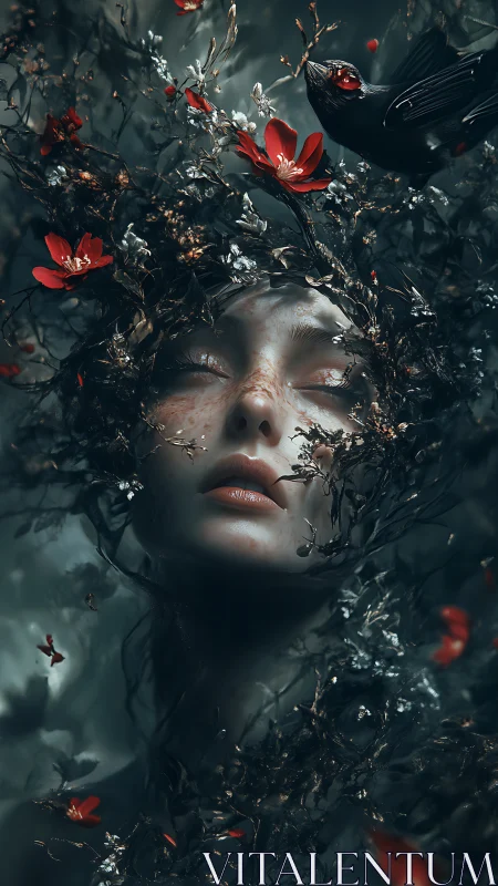Dreamlike female face entwined with flowers and bird.