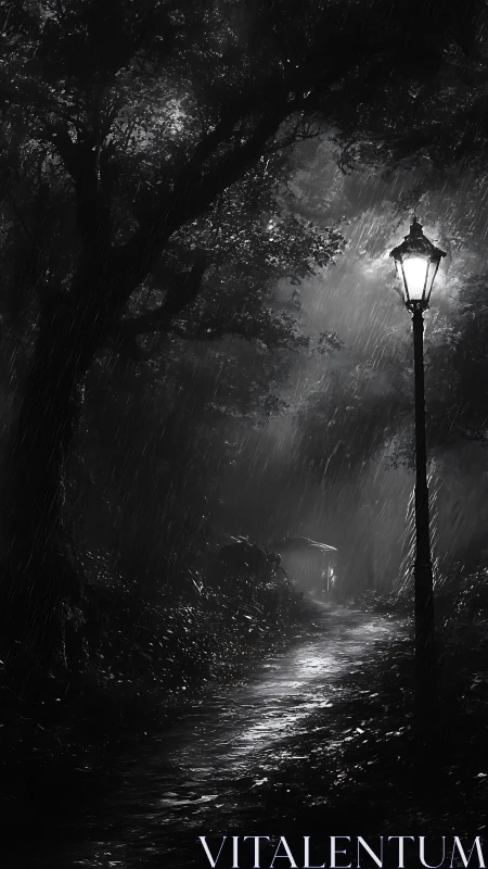 Lamp of whispered storms on a rain-slick midnight path.