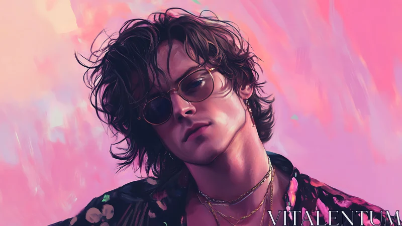 Portrait shows young person with sunglasses against pink field