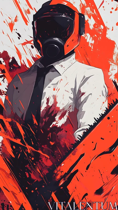 Bold masked figure stands strong amid vivid red chaos splashes