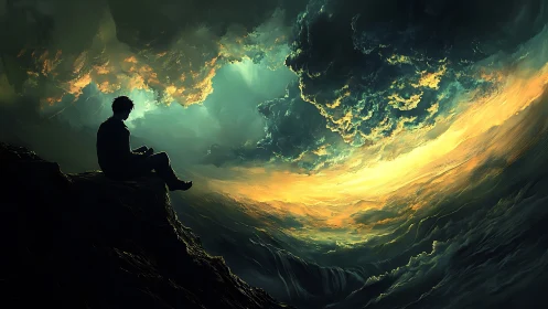 Silhouetted figure studies swirling storm vortex under dramatic light